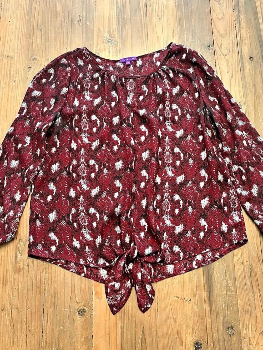 West Kei Burgundy Snakeskin Print Front Tie 3/4 Sleeve Blouse M